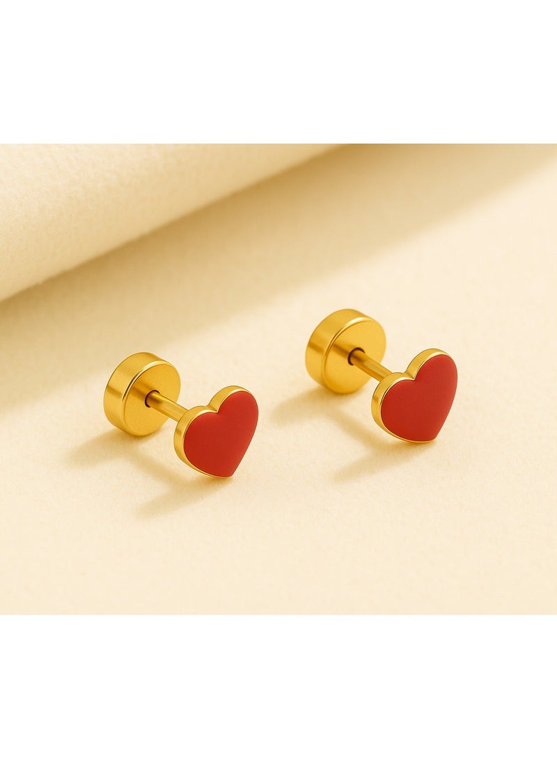 Earss Red Heart Stud Earrings For Kids, Gold Plated - Image 3